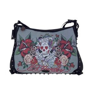 Ed Hardy Black Shoulder Bag with Rhinestone Accents NEW